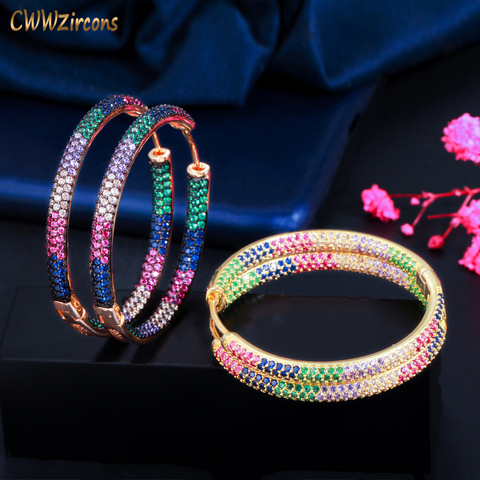 CWWZircons de dos tonos Zirconia cubica arcoiris círculo Pendientes redondos de Aro para la joyería de las mujeres Hip Hop Pendientes de botón Pendientes Mujer CZ846 ► Foto 1/6