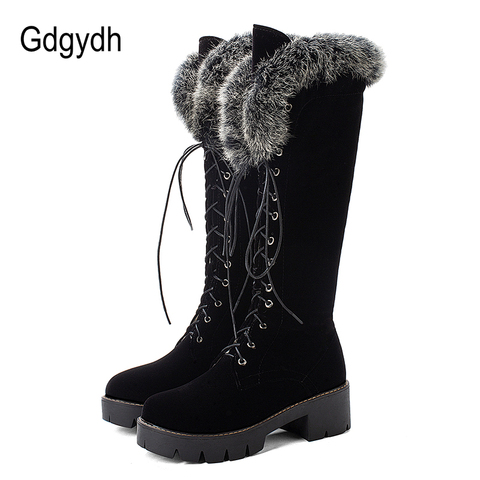 Gdgydh-Botas de nieve con cordones para mujer, botas de piel auténtica hasta la rodilla, tacón grueso de ante, cálidas, para exterior, con cremallera, talla grande 43 ► Foto 1/6