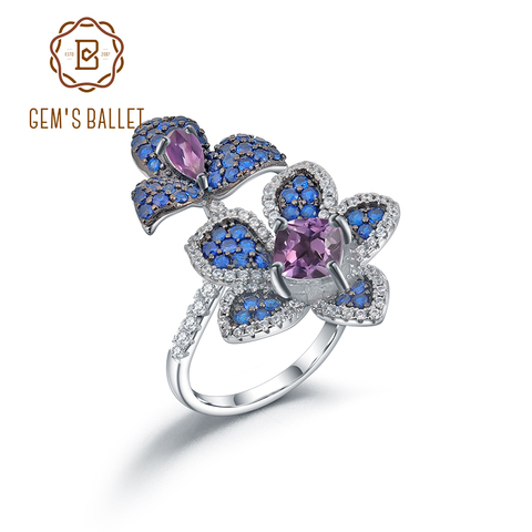 GEM'S BALLET-anillo ajustable de Plata de Ley 925 para mujer, flor hecha a mano de jardín secreto, gemas amatista naturales, anillos abiertos ► Foto 1/6