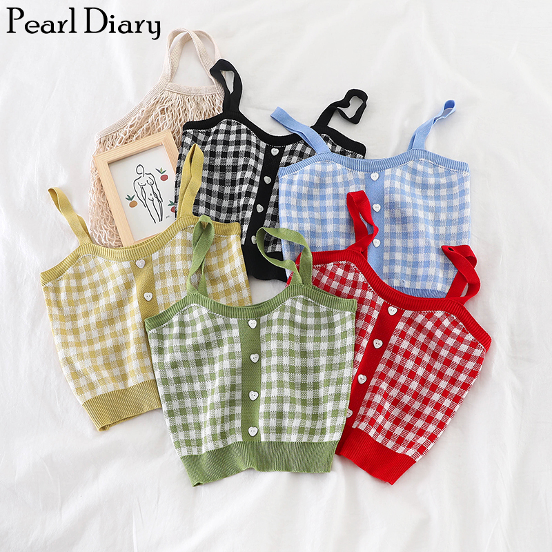 Pearl Diary-Top corto tejido para mujer, camisola Retro a cuadros, Top Vintage con botones, camiseta elegante de punto, camisetas ► Foto 1/6