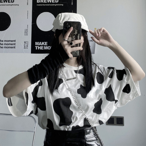 Camiseta con estampado de vaca para mujer, ropa de calle, holgada, de manga corta, Harajuku para mujer ► Foto 1/6