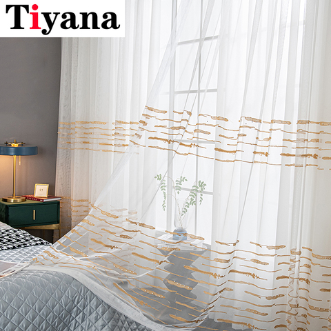 Cortina de tul blanca con hilo de Bordado dorado, tul con perlas para sala de estar, cortinas de ventana acabadas, rayas grises, JK074Y ► Foto 1/6