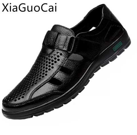 Sandalias de verano de cuero genuino para hombre transpirables ahuecadas Sandalias planas clásicas para hombre sandalias casuales de cuero de goma sólida para hombre ► Foto 1/5