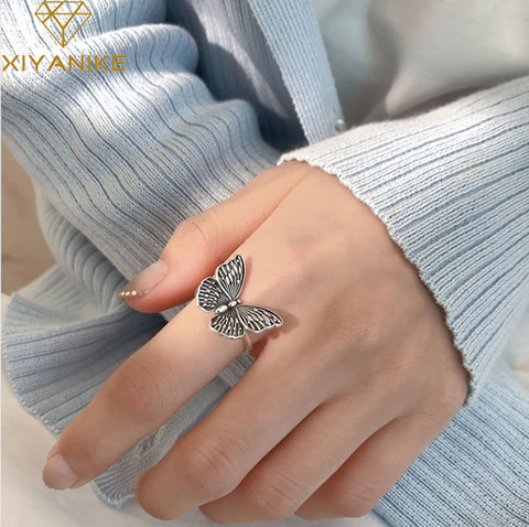 XIYANIKE-Anillo de Plata de Ley 925 con forma de mariposa, anillo ajustable abierto, estilo Retro, sencillo, hecho a mano ► Foto 1/6