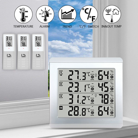 Termómetro de estación meteorológica C/F, pantalla de valor, alarma, medidor de temperatura, tester de estación con 3 sensores inalámbricos para interiores y exteriores ► Foto 1/6