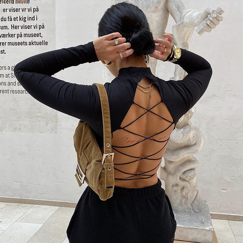 Womon algodón ahueca hacia fuera la camiseta atractiva vendaje backless manga larga top Harajuku ajustado bodycon streetwear tejido camisetas ropa ► Foto 1/6