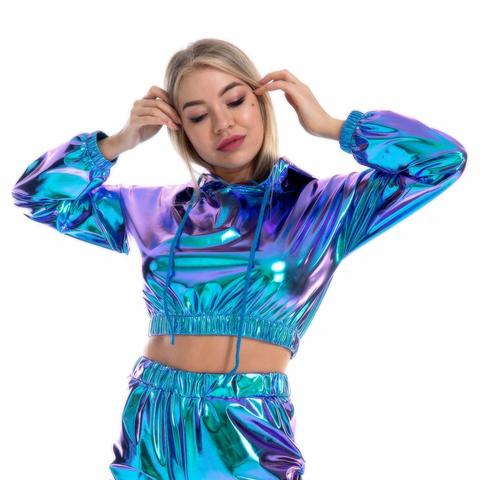 Ropa de baile en Barra para rave para mujer, Sudadera corta con capucha holográfica, chaqueta metálica, disfraces de rave, camisetas de hip hop, camisa sexy para club nocturno ► Foto 1/6