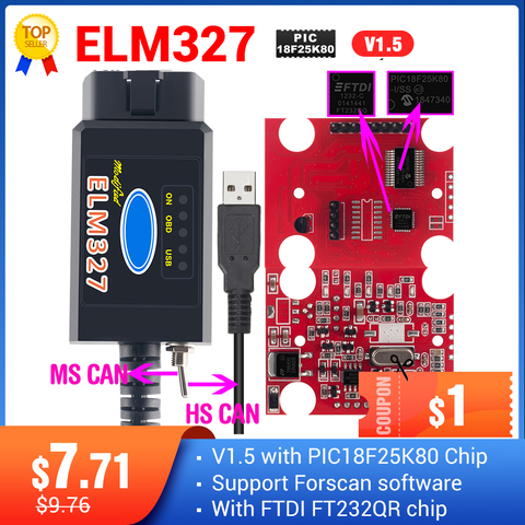 2022 Original ELM327 USB FTDI con interruptor de escáner de código de HS y MS puede super mini elm327 obd2 v1.5 bluetooth elm 327 wifi ► Foto 1/6