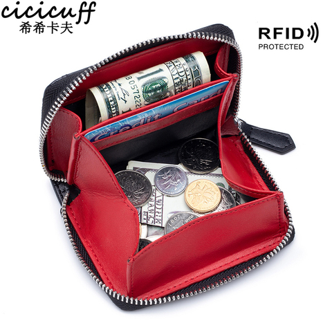 Monedero de piel auténtica con cremallera para hombre y mujer, bolso pequeño de cuero de vaca RFID ► Foto 1/6
