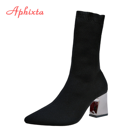 Aphixta de Metal Color 7cm tacones cuadrados calcetines botas y botines botas de las mujeres de gran tamaño 43 Stretch tela elástica señaló botas Zapatos mujer ► Foto 1/6