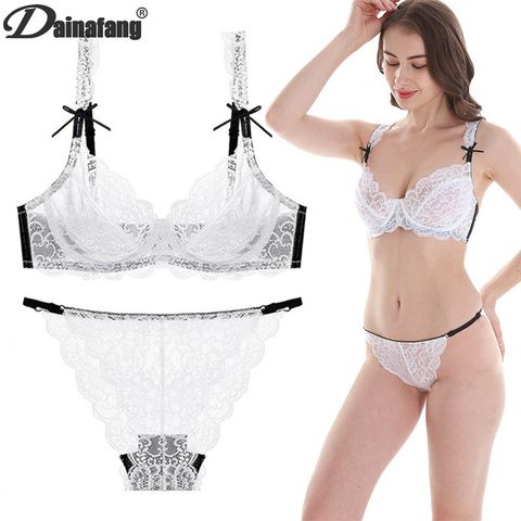 DAINAFANG-Conjunto de sujetador Sexy de encaje con doble botonadura, Tanga transparente de tres cuartos, ropa interior para mujer, lencería ► Foto 1/1