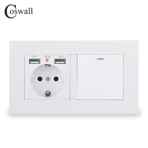 COSWALL-Enchufe de pared conectado a tierra, interruptor de luz con panel de encendido y apagado, 2 puertos de carga USB, LED suave, 1 vía oculto, estándar de la UE ► Foto 1/4