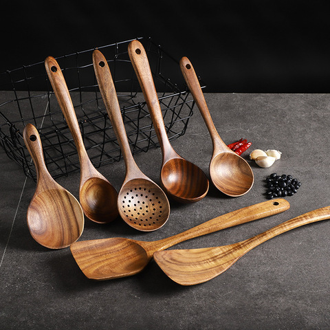 1-7 unids/set de teca de madera natural vajilla cuchara con colador especial nano colador de sopa cuchara de cocina de madera kit de herramienta caliente ► Foto 1/1