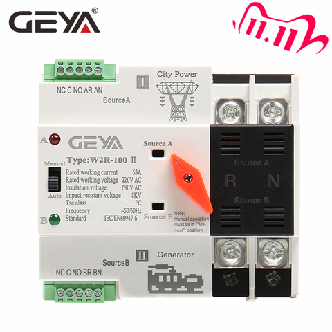 GEYA W2R Mini ATS 2P Interruptor de Transferencia Automática interruptores selectores eléctricos interruptor de alimentación doble ATS 63A 100A ATS DP ► Foto 1/6