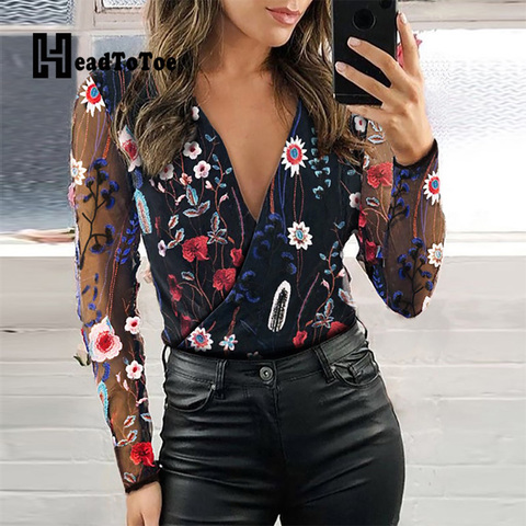 Blusa de malla transparente con bordado Floral para mujer, blusa informal de manga larga con cuello de pico profundo, ropa de calle ► Foto 1/4