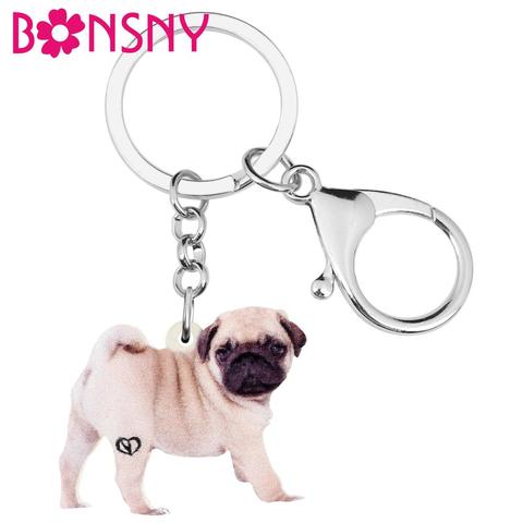 Bonsny-Llavero acrílico con diseño de Animal Pug para mujer y niña, llaveros de perros y mascotas, joyería para regalo de cumpleaños ► Foto 1/1