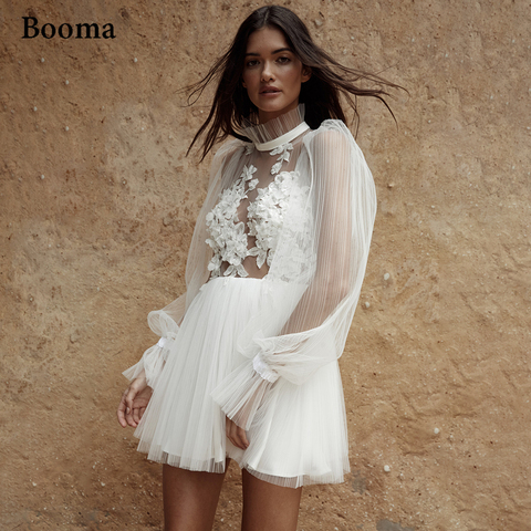 Booma-vestido de novia corto plisado de manga larga, Simple, Espalda descubierta, de tul, con flores, ilusión, para boda Civil ► Foto 1/6