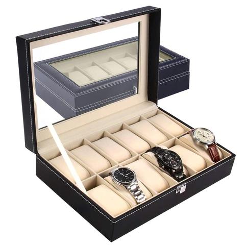 Caja grande de cuero PU con 6/10/12 rejillas para reloj organizador profesional para relojes, joyeros, estuche de exhibición, color negro ► Foto 1/6
