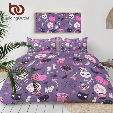 BeddingOutlet-Juego de cama mágico negro, colcha de brujería, funda de edredón de bola de cristal, juego de cama de calavera y murciélagos, ropa de cama púrpura ► Foto 1/6