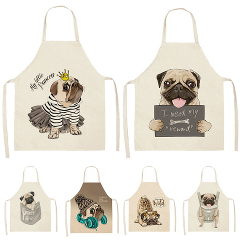 Lindo perro estampado de Carlino de lino de algodón sin mangas delantal delantales de cocina Mujeres Casa cocinar hornear babero de cintura vestido 53*65cm WQL0152 ► Foto 1/6