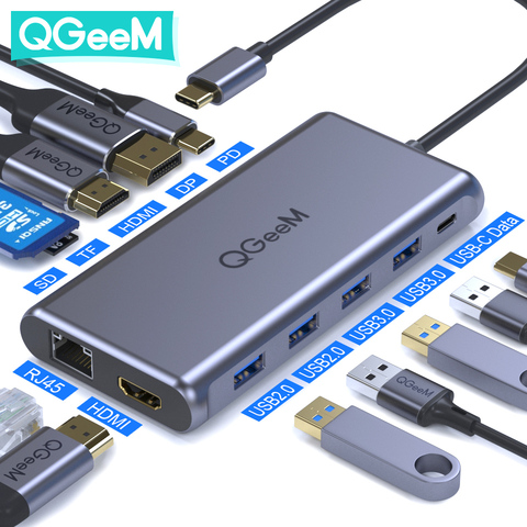 QGeeM USB C Hub para Macbook Pro Triple Display Type C Hub a Dual 4K HDMI y DP Lectores de tarjetas Micro SD RJ45 Aux PD USB Hub Type C Dock Adapter Splitter para Notebook Laptops Tablets Accesorios para PC ► Foto 1/6