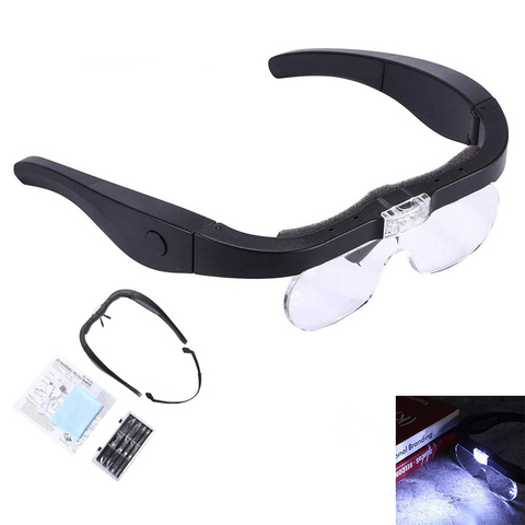 1.5X 2.5X 3.5X 5X Monte cabeza de gafas lupa USB de carga diadema lupa de vidrio con 2 luces Led auricular lupa de la lupa ► Foto 1/6