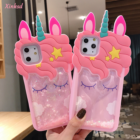 Funda de silicona con dibujos animados en 3D para Iphone, carcasa de silicona suave con diseño de unicornio y arena movediza rosa para Iphone 8 Plus 7 6S 6 plus 5 SE XS 11 Pro Max XR ► Foto 1/6