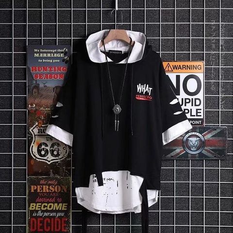 Camiseta de manga corta con capucha de super Fire Ribbon para hombre,  camisa de moda de Hip Hop de dos piezas falsas, holgada, de calle, de cinco  mangas - Historial de precios