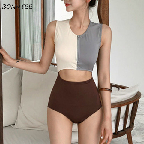 Conjunto de Bikini de estilo coreano para mujer, bañador de una pieza de cintura alta, Sexy, con cremallera, ropa de playa ahuecada, novedad ► Foto 1/6