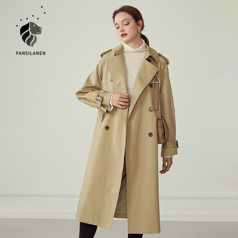 FANSILANEN, gabardina larga de color caqui para mujer, cinturón de faja para otoño e invierno, cazadora a la moda, chaqueta informal para mujer, gabardina ► Foto 1/6