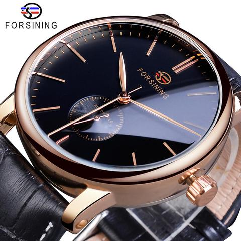 Forsining Simple de los hombres reloj mecánico automático Sub Dial negro Ultra-delgada analógico banda de cuero genuino reloj Horloge Mannen ► Foto 1/6