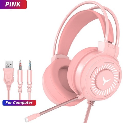 Auriculares para videojuegos LED, color rosa, auriculares con cancelación de ruido y micrófono estéreo para PC, juegos de ordenador portátil ► Foto 1/4