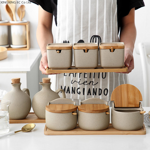 Caja de condimentos de estilo japonés para el hogar, recipiente de cerámica con tapa, tarro de sal, aceite de oliva, suministros de cocina ► Foto 1/6