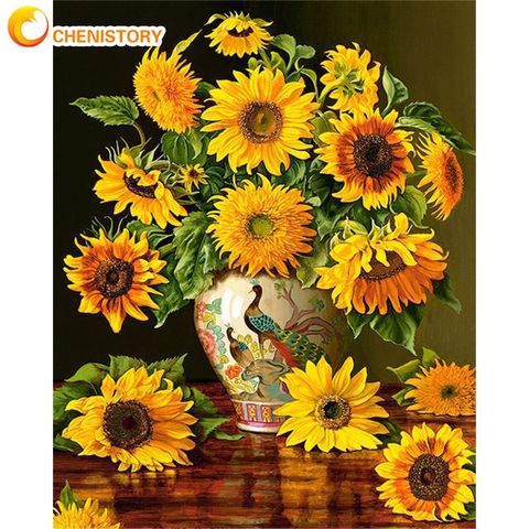 Chenistory-Kits de pintura por números de girasol enmarcado para adultos, 40x50cm, pinturas acrílicas en lienzo, arte de pared de salón para el hogar ► Foto 1/6