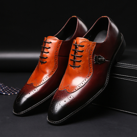 Clásico de lujo hombre brogue zapatos vestido oxford de cuero genuino de vaca marrón puntiagudo dedo del pie de hombre calzado formal de fiesta de boda ► Foto 1/6