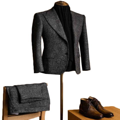 Trajes de hombres guapos de invierno, solapa de muesca de Tweed, color gris oscuro, Regular, mezcla de dos botones de lana, ajuste Vintage ► Foto 1/6