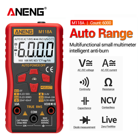 ANENG M118A Mini multímetro Digital probador de valores eficaces verdaderos Auto Mmultimetro Tranistor medidor con NCV Data Hold 6000 recuentos linterna ► Foto 1/6