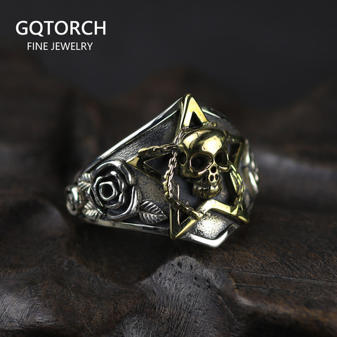 Anillo de plata de primera ley con forma de calavera para hombre y mujer, sortija, plata esterlina 925, estilo vikingo, gótico con estrella de cinco puntas, Punk, Rock, rosa, tallado de flores, ajustable ► Foto 1/6