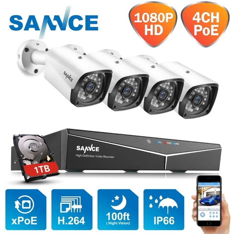 SANNCE-Kit de NVR POE de 4 canales, 1080P, sistema de seguridad CCTV, 2MP, IR IP66, impermeable, cámara IP para exteriores, juego de videovigilancia con conexión y reproducción ► Foto 1/6