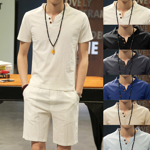 Traje Tang de lino de estilo chino para hombre, camiseta de manga corta con cuello en V y pantalones cortos, conjunto de ropa transpirable, trajes orientales de verano ► Foto 1/6