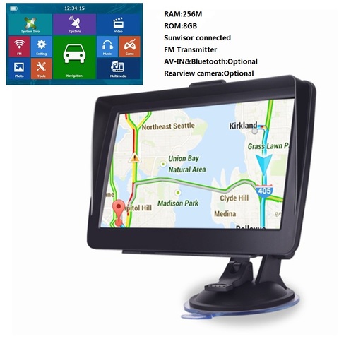 KMDRIVE-Navegador GPS para coche y camión, dispositivo de 7 pulgadas, con parasol conectado, 256, de 8GB, con Bluetooth, entradas AV-IN, transmisor de FM y mapas gratuitos ► Foto 1/6