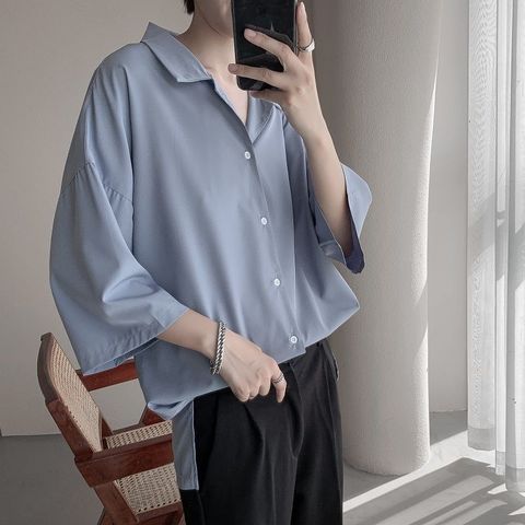 Camisa de vestir de Verano de la moda de los hombres de Color sólido negocio camisa Casual hombres Streetwear suelto coreano corto-Camisa de manga larga Hombre M-2XL ► Foto 1/6