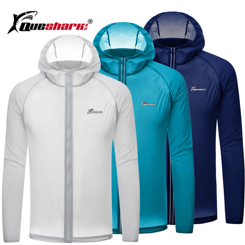 Queshark-chaqueta deportiva con capucha UPF50 +, camisa protectora contra el sol, para escalada, senderismo, cortavientos de secado rápido, para ciclismo, Anti-UV, para acampar ► Foto 1/6