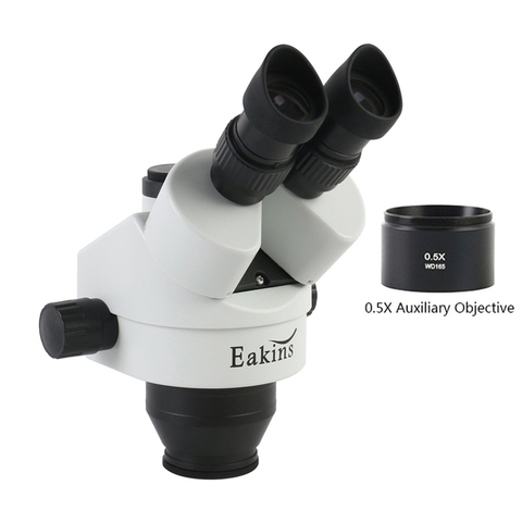 Cabezal de microscopio Trinocular, Focal, Zoom continuo, 3.5X 7X 45X WF10X/20 + 0.5X, distancia de trabajo de lente auxiliar de 165 mm ► Foto 1/1