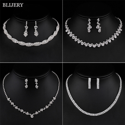 Blijary-Conjunto de joyería nupcial de cristal plateado para dama de honor, Gargantilla geométrica, collar, pendientes para mujer, conjuntos de joyería de boda ► Foto 1/6