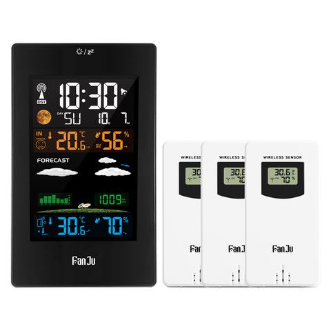 FanJu-estación meteorológica Digital FJ3389, Monitor de alarma, termómetro, higrómetro, barómetro, 3 sensores inalámbricos, reloj electrónico de pared DCF ► Foto 1/6