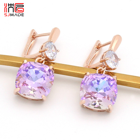 Pendientes SJMADE 2022 elegantes y coloridos de cristal cuadrado para mujer, joyería de boda, pendientes de oro blanco 585, pendientes de oro rosa ► Foto 1/6