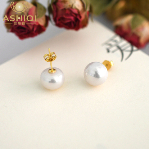 ASHIQI-pendientes de perla Natural de agua dulce auténtica para mujer, joyería chapada en oro de Plata de Ley 925, blanco, rosa, púrpura ► Foto 1/1