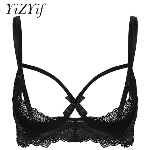 Sujetador abierto de media copa para mujer, sujetador exótico transparente de encaje transparente, lencería con correas ajustables, Tops con aros, Bikinis ► Foto 1/6