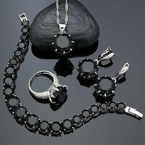 Punk-pendientes de circonia cúbica negra para mujer, juegos de joyas de plata 925, colgante, collar, anillo, pulsera ► Foto 1/6